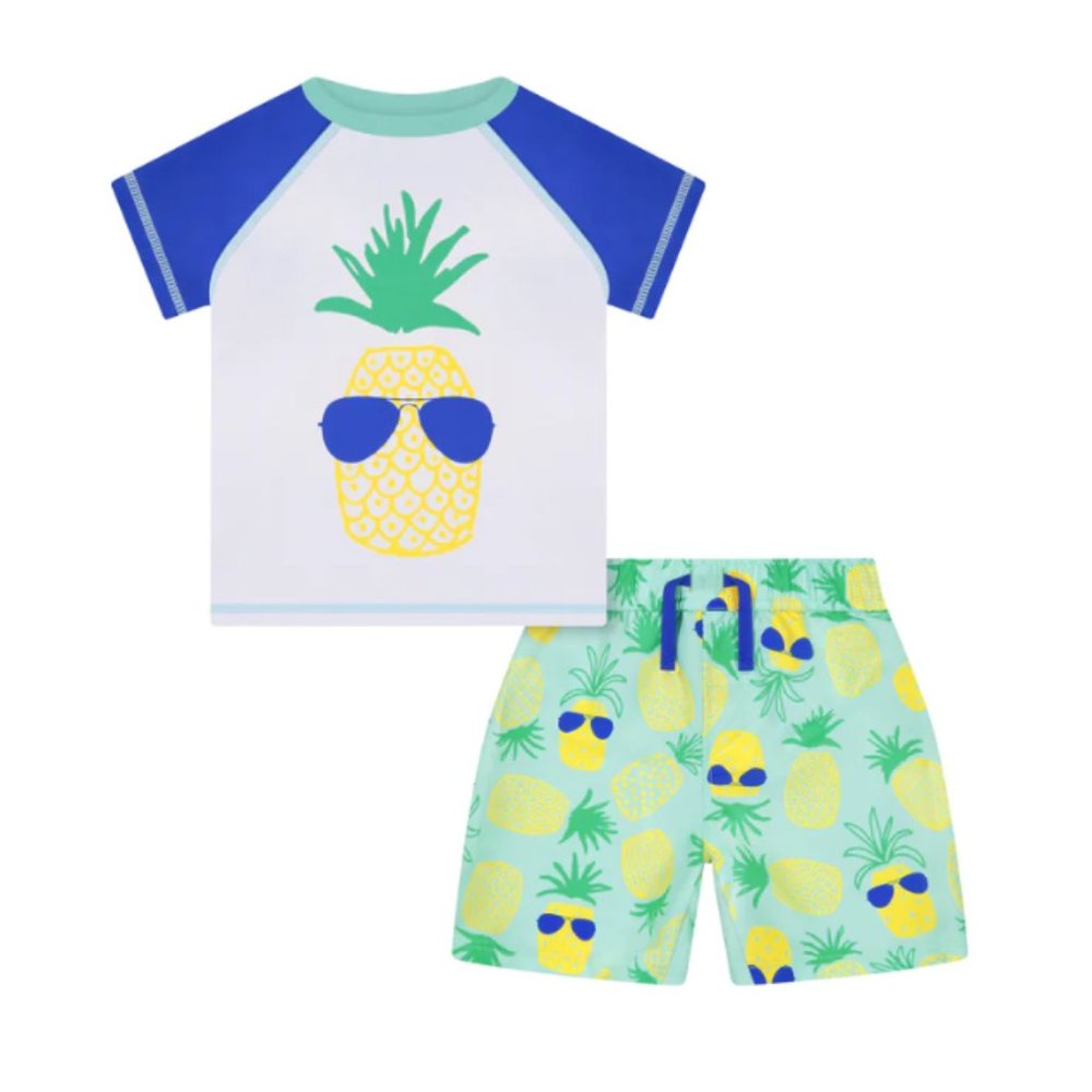 Andy & Evan Green Pineapple Rash Guard Swim Trunk Set Baby Boy 12 Months NWT
